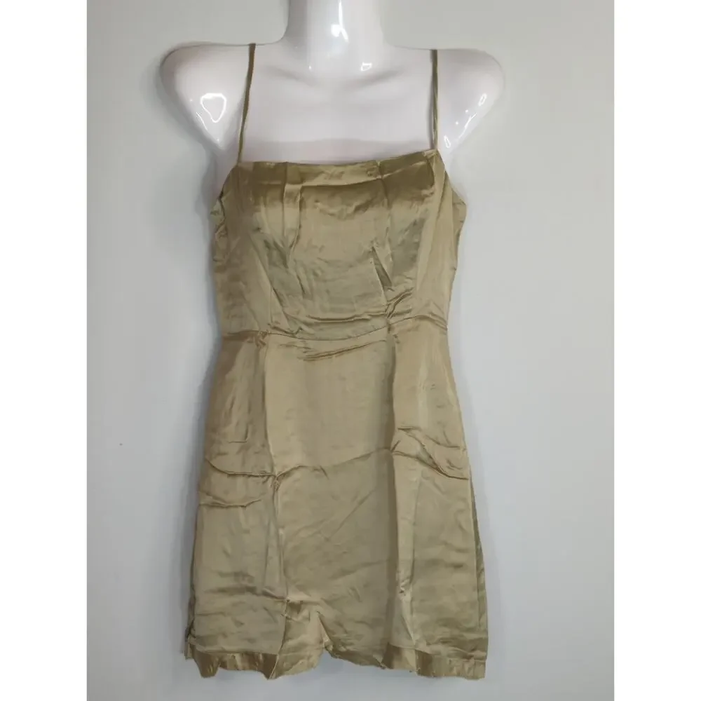 Aritzia Wilfred‎ Tan Skye Satin Spaghetti Strap Smocked Soft Mini Dress Womens 2